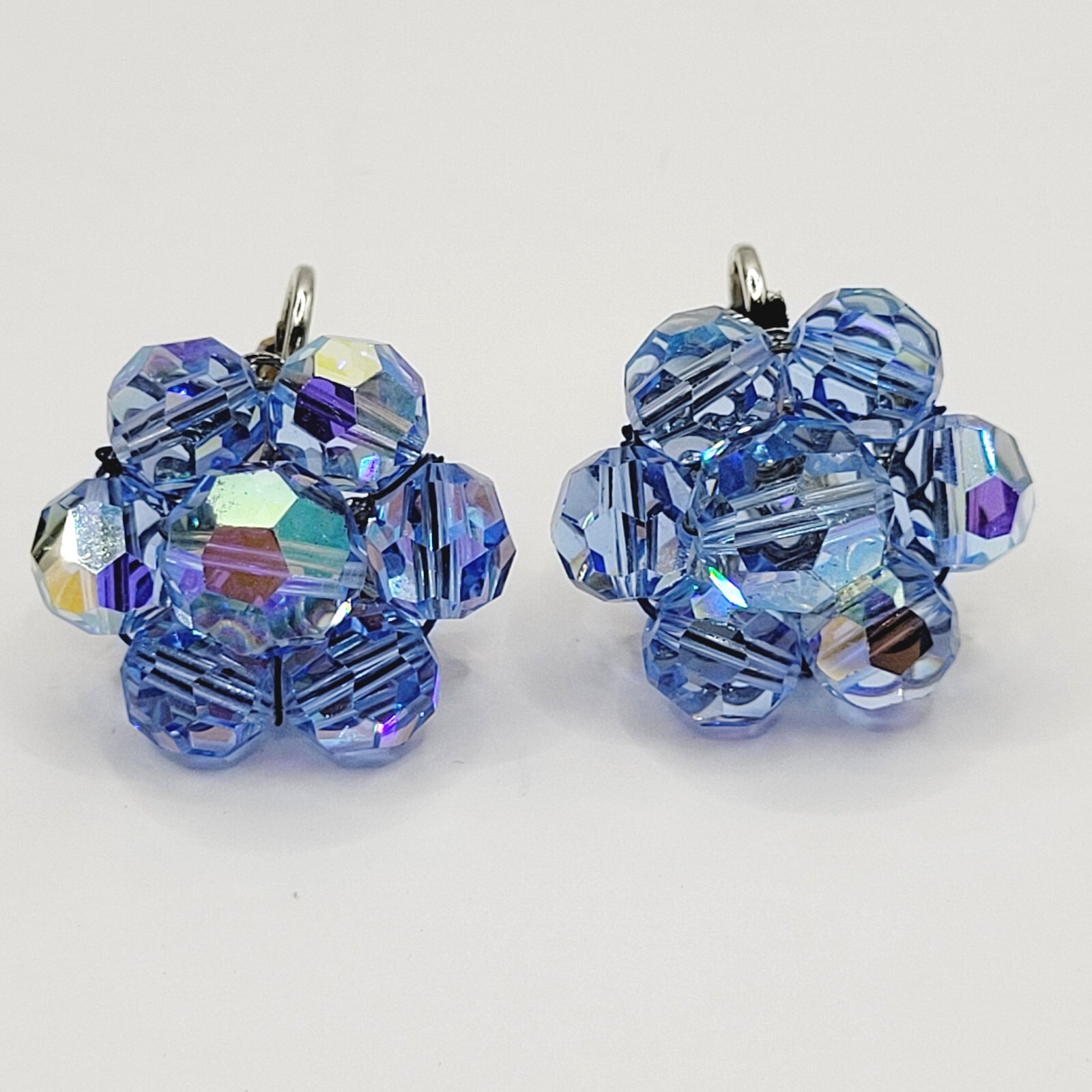 Light Blue Faceted Crystal Bead Cluster Sparkling Fancy Vintage Clip On Earrings