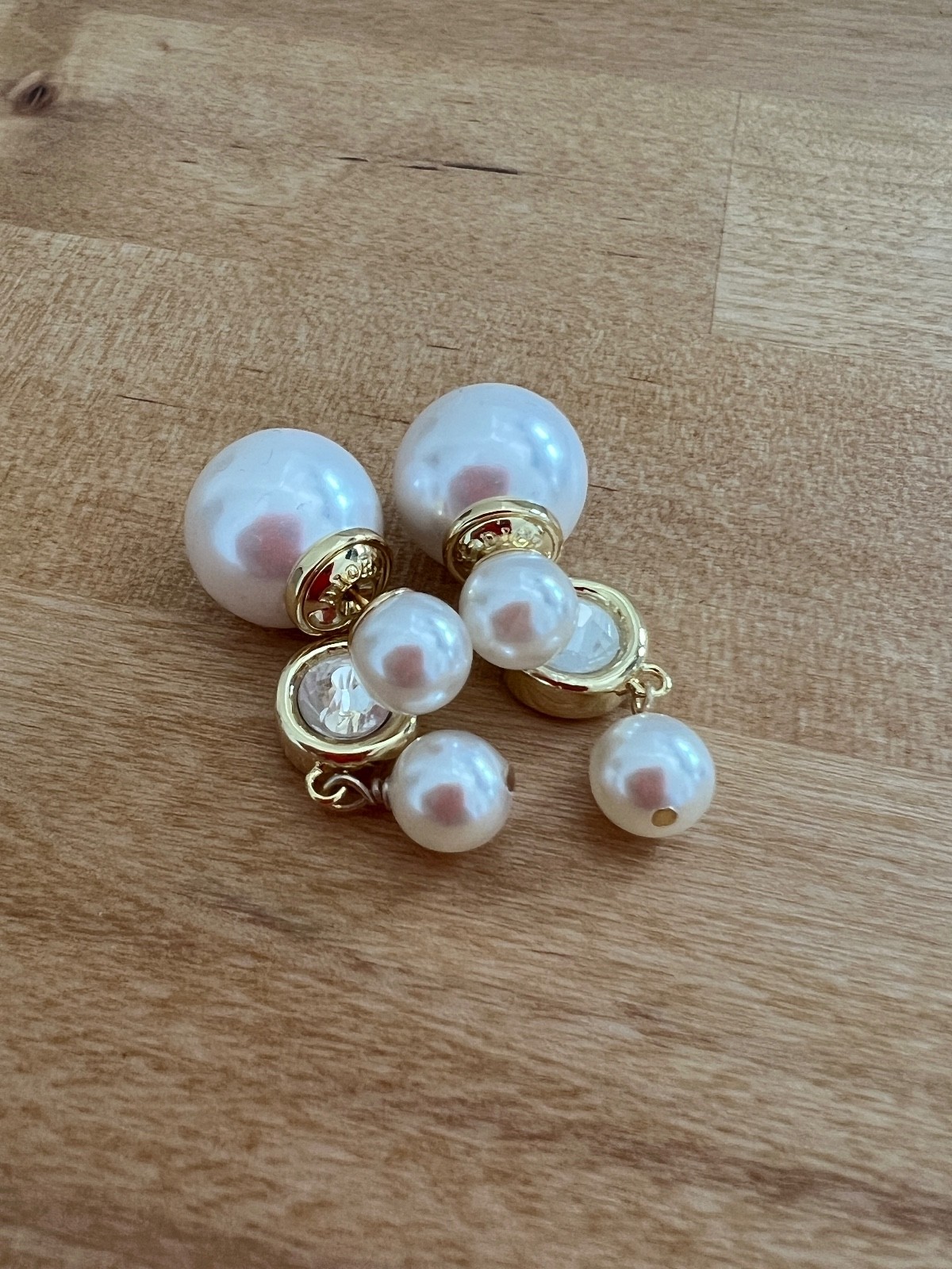 Vintage CHRISTIAN DIOR Gold Tone Crystal Faux Pearl Dangle Pieced Earrings