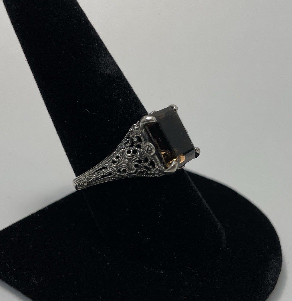 Estate Ring Smokey Gray Quartz Sterling Silver Sz 9.5 Baguette Art Nouveau Style