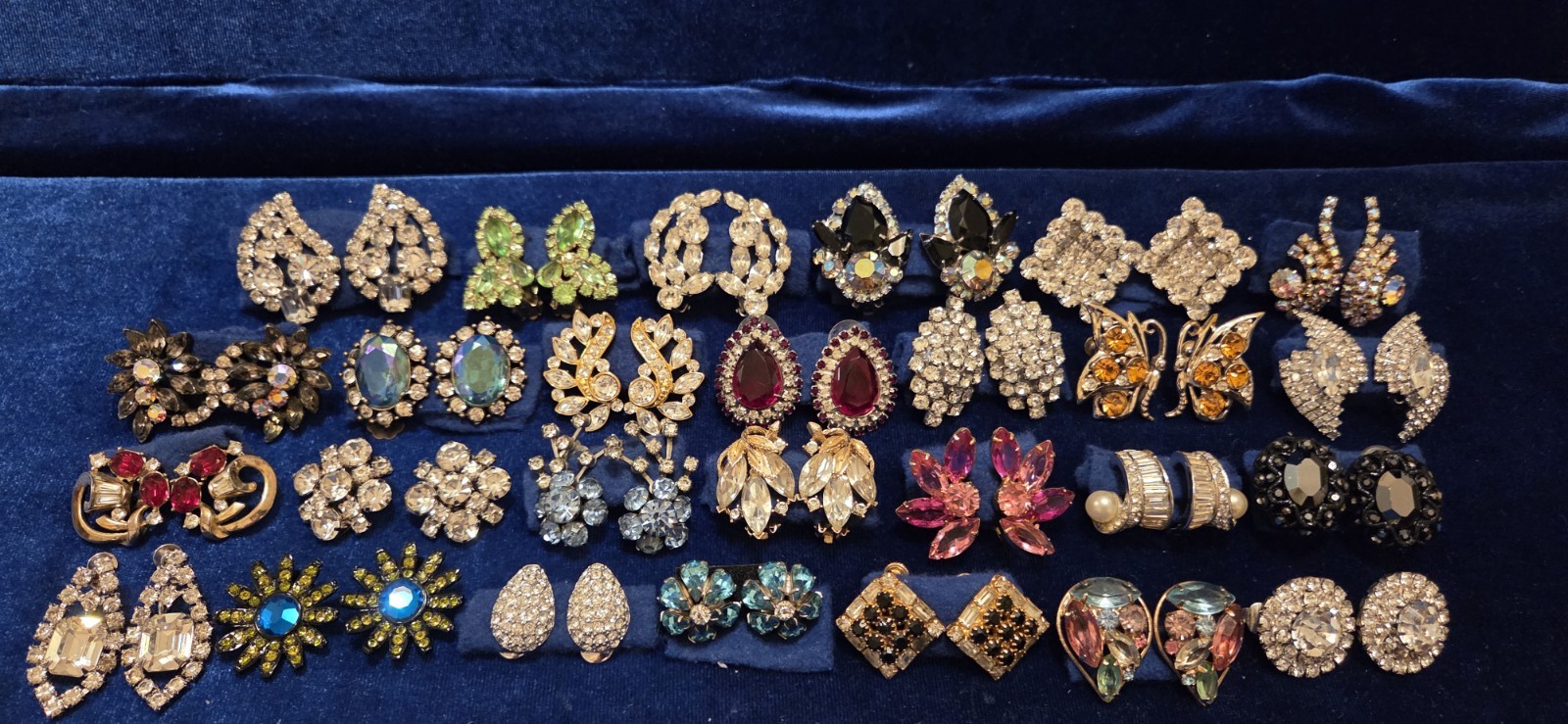 Vintage Rhinestone Earrings Lot Of 27. 12 Signed Monet Weiss Hobe Trifari Kramer
