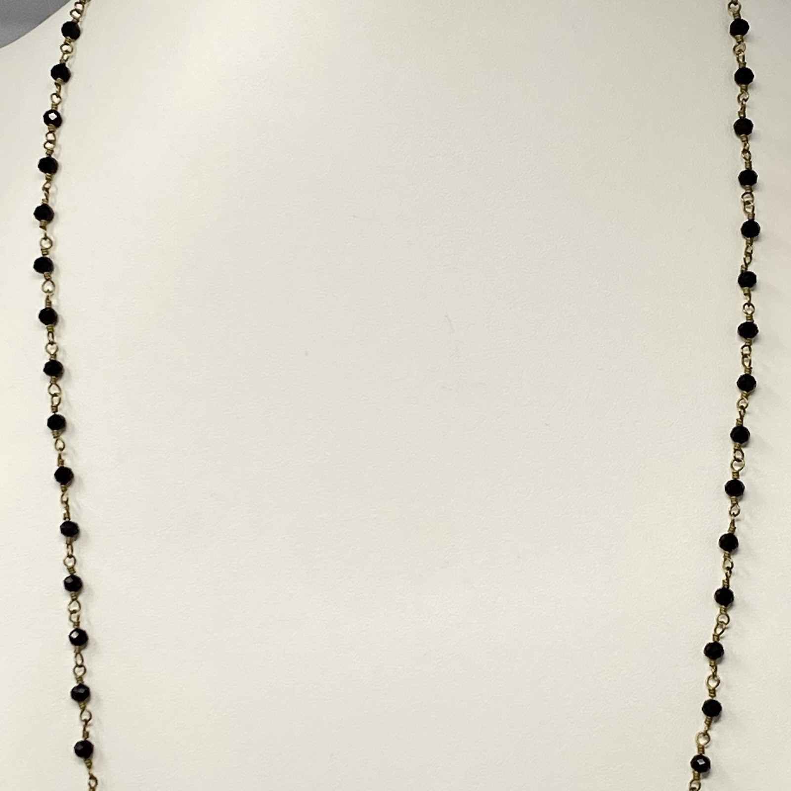 Designer Glass Bead Necklace R&R Coin Charm Chain Links Black Facet Retro 28″