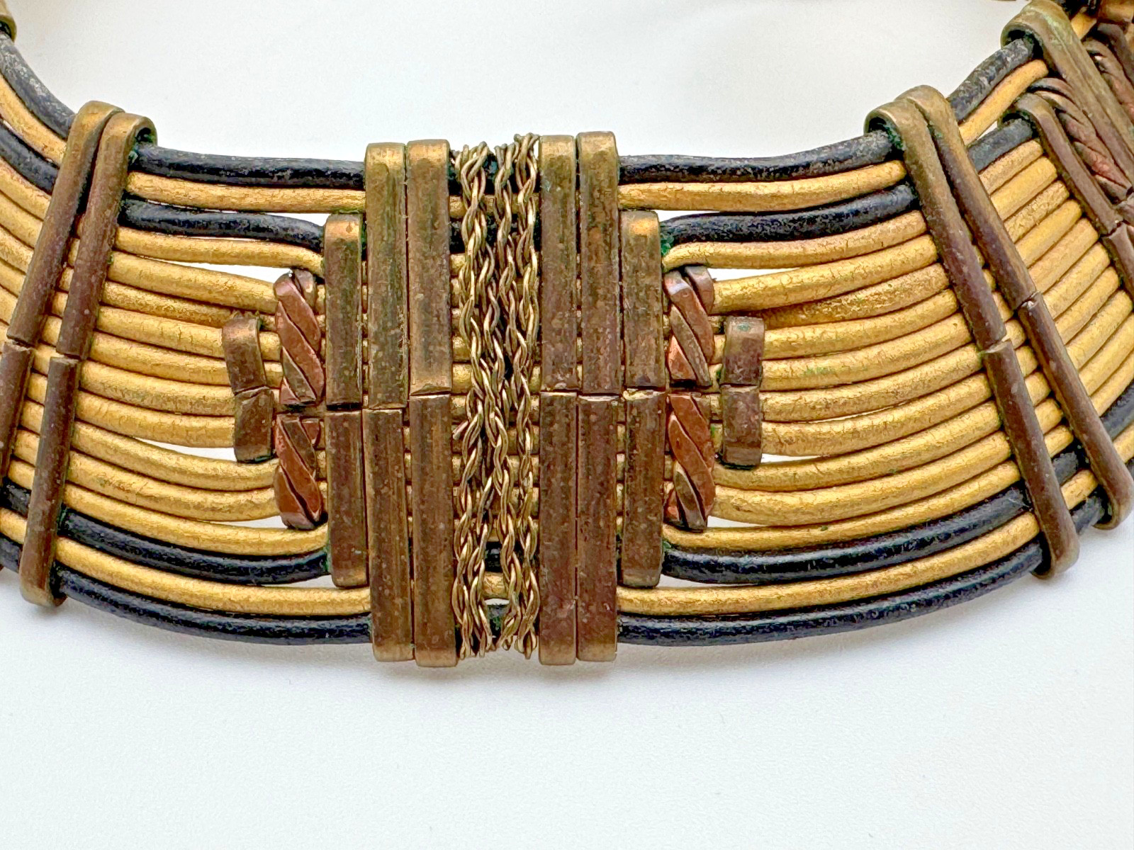 Vintage African Necklace and Bracelet Set – Gold and Black Leather/Brass 1970’s