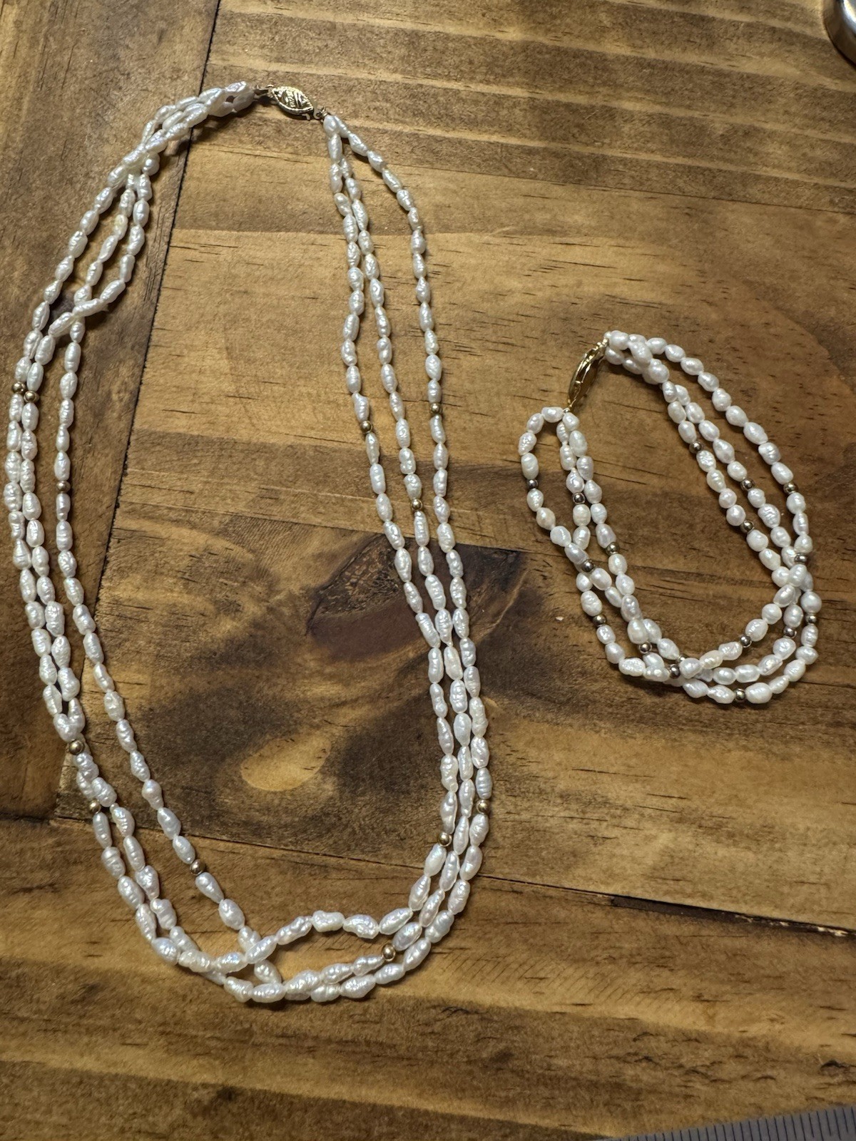 Vintage 3 Strand 14k Gold Freshwater Seed Pearl Gold Bead Necklace Bracelet Set