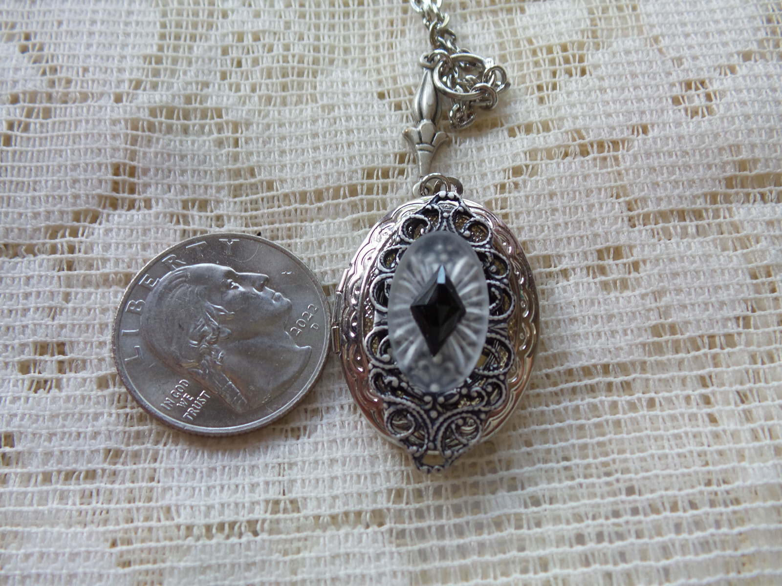 SILVER PLATED FILIGREE VICTORIAN CAMPHOR GLASS LOCKET