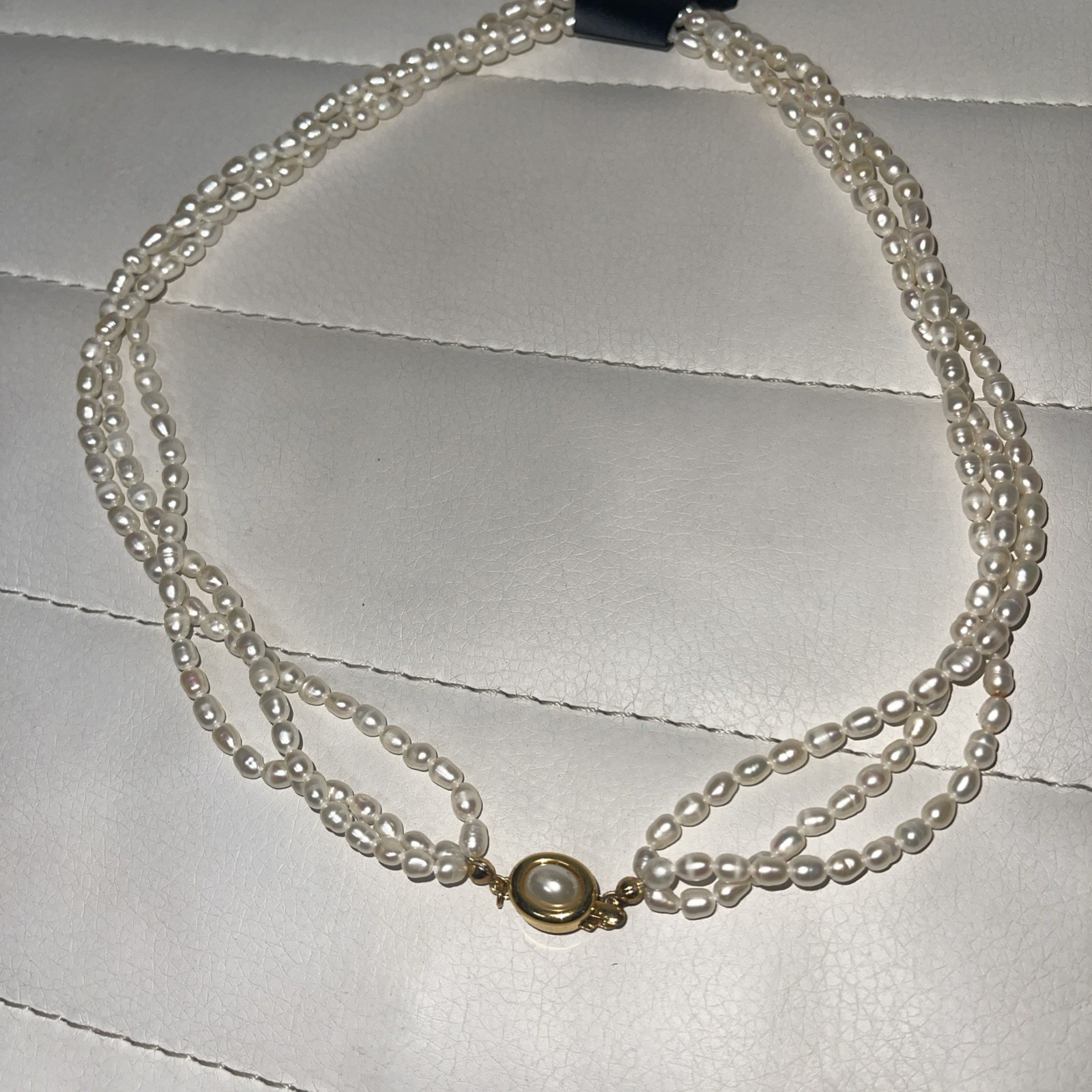 Vintage New Freshwater Seed Pearl Necklace Three Strand 17″ Solid Clasp NEW