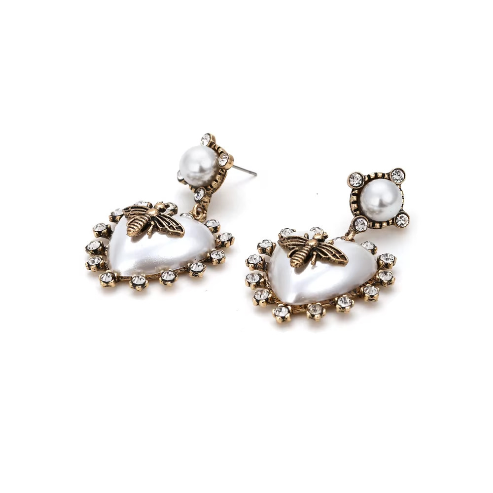 Heart Shaped Pearl Bee Earrings Gold Victorian Wedding Bridal Statement Jewelry