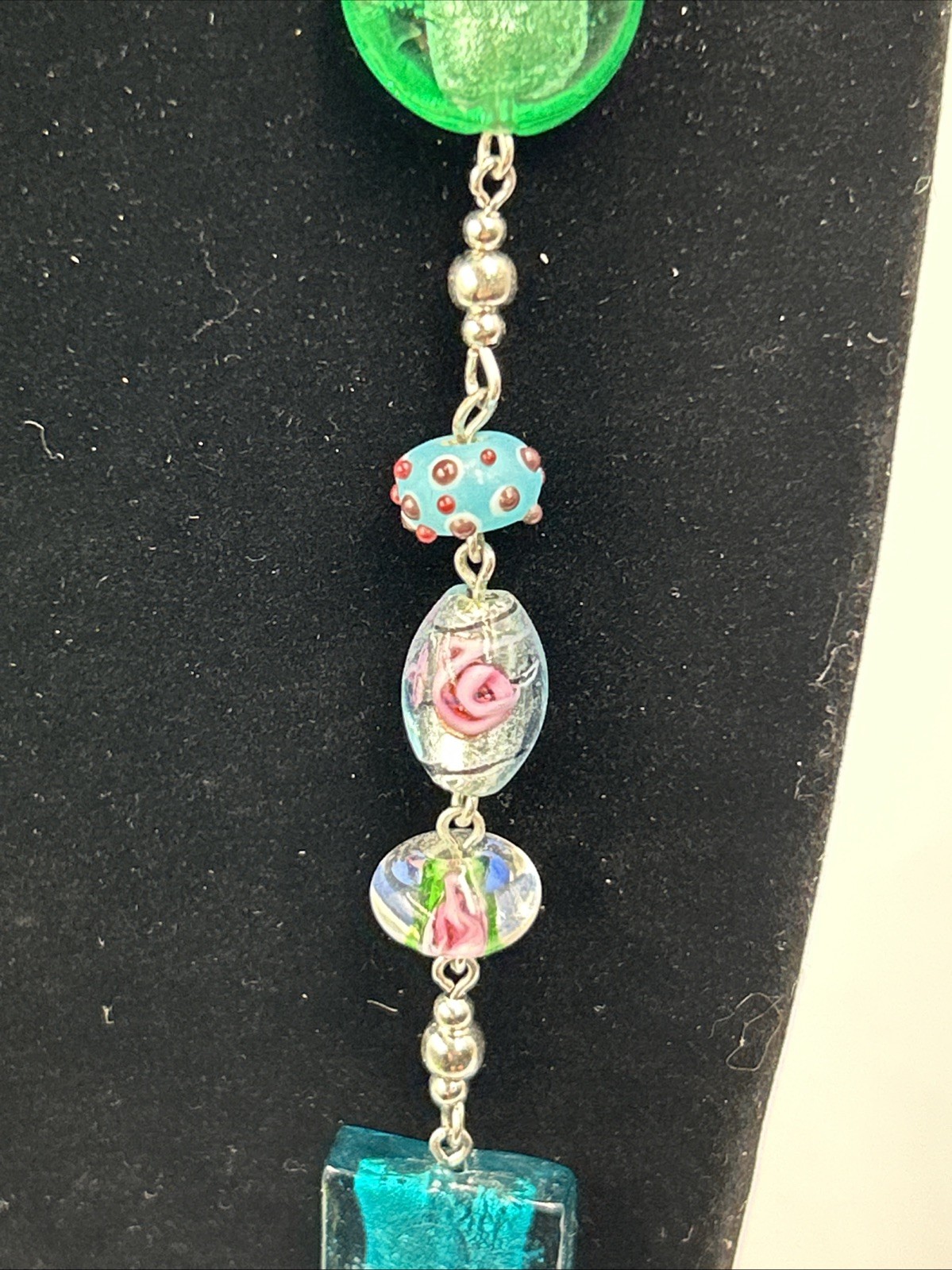 VTG Premier Design Art Glass Beaded Necklace Silver Tone Signed 30”w/2”