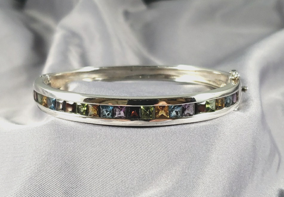STERLING SILVER HINGED Bangle BRACELET MULTI-COLOR GEMSTONES Size 7″