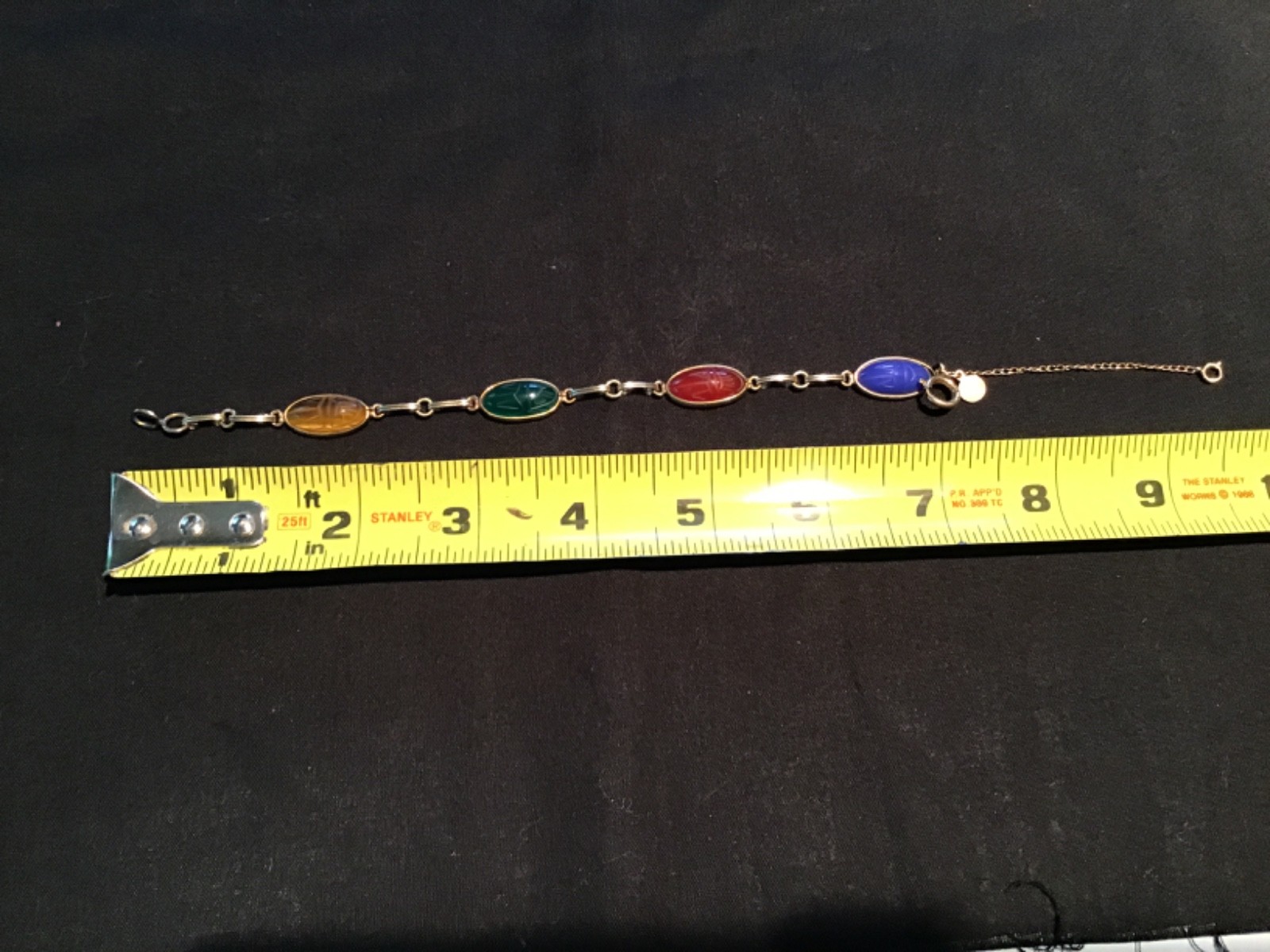 Vtg 12K Gold Scarab Bracelet Egyptian 7.5” Signed 1/20th 12K w 4 Real Stones