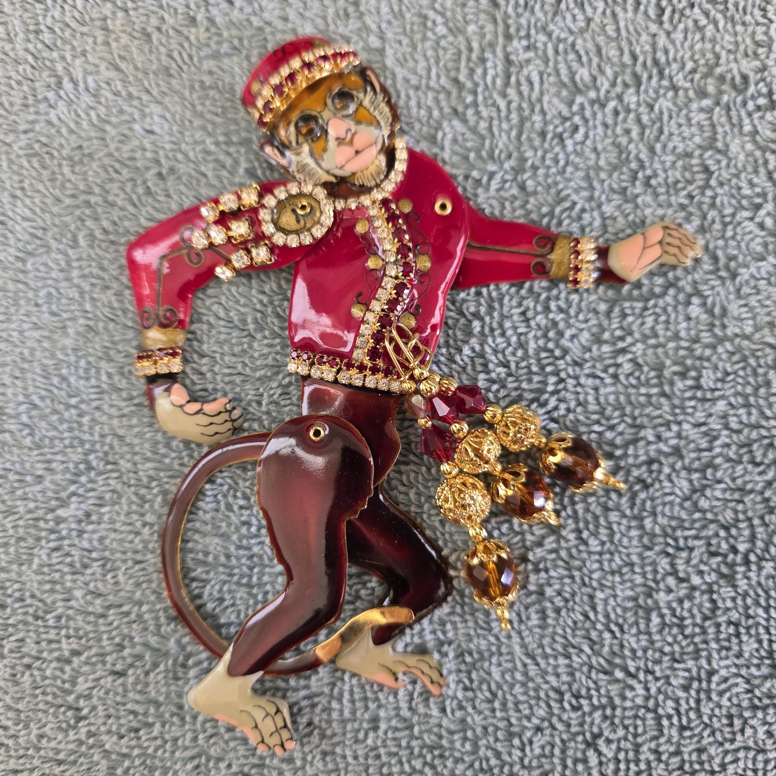Vintage RARE Lunch At The Ritz Articulating Monkey Grinder Enamel Crystal Brooch
