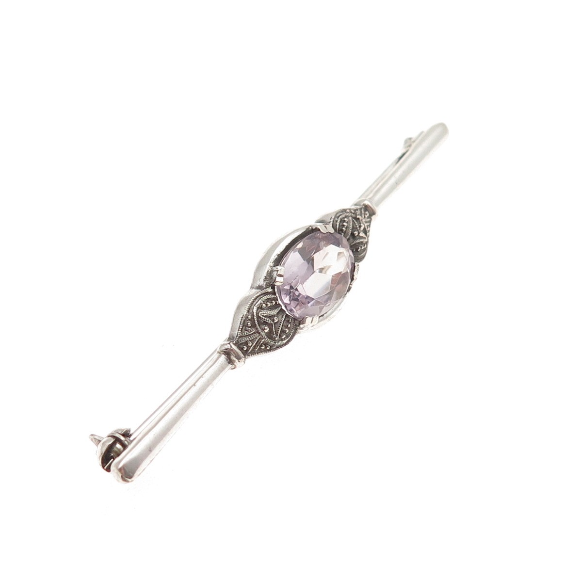 835 Silver Vintage Real Oval-Cut Amethyst Oxidized Bar Pin Brooch