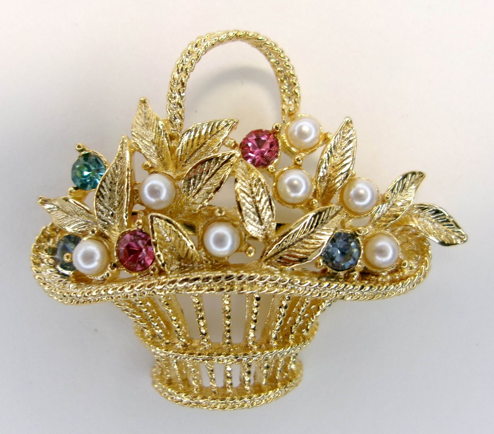 Vintage Gerry’s Signed Gold Tone with Rhinestones Flower Basket Brooch Pin
