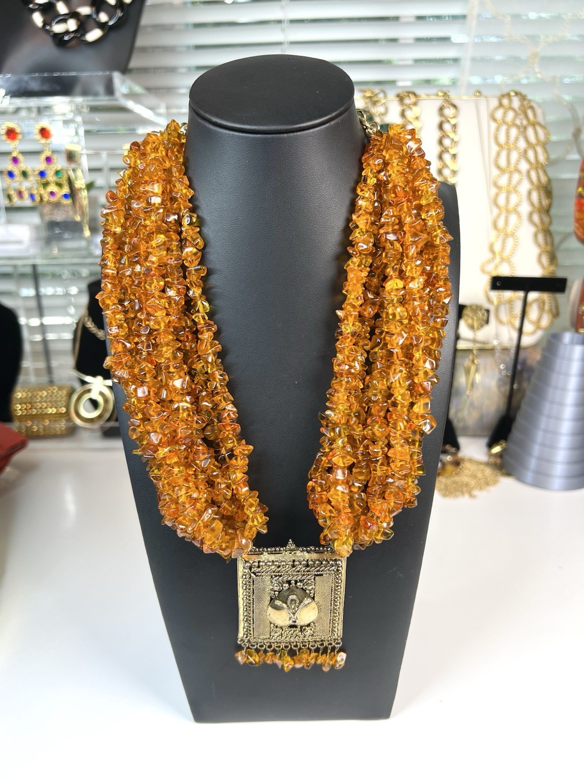 Vintage Amber Tone Glass Chip Multi Strand Necklace Artisan Pendant Heavy 9oz