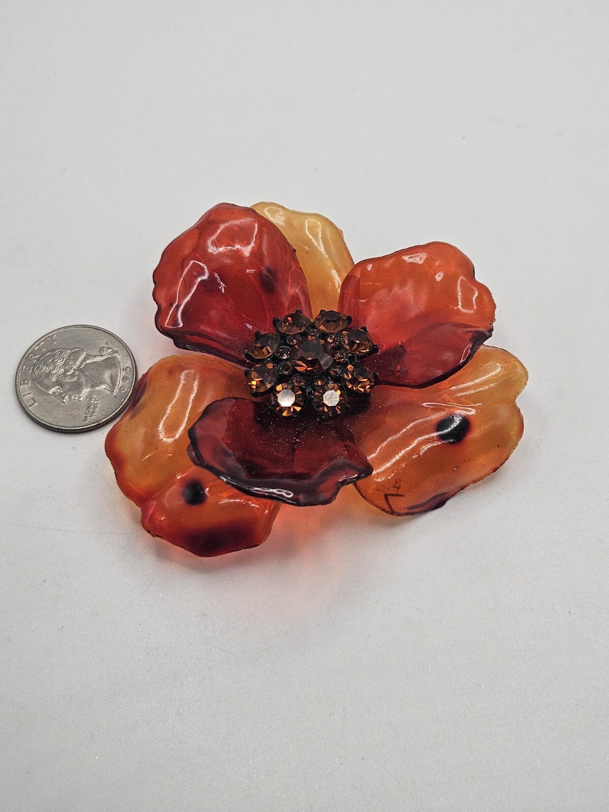 Vintage Orange Lucite Acetate Acrylic Topaz Rhinestone Flower Brooch Pin