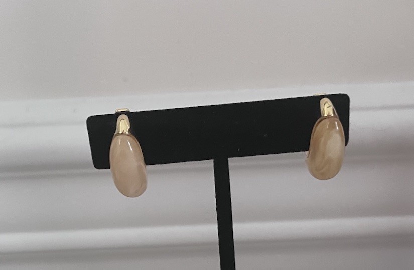 Vintage Monet Signed Cream Yellow Gold Acetate Drop Curved Clip On Earrings