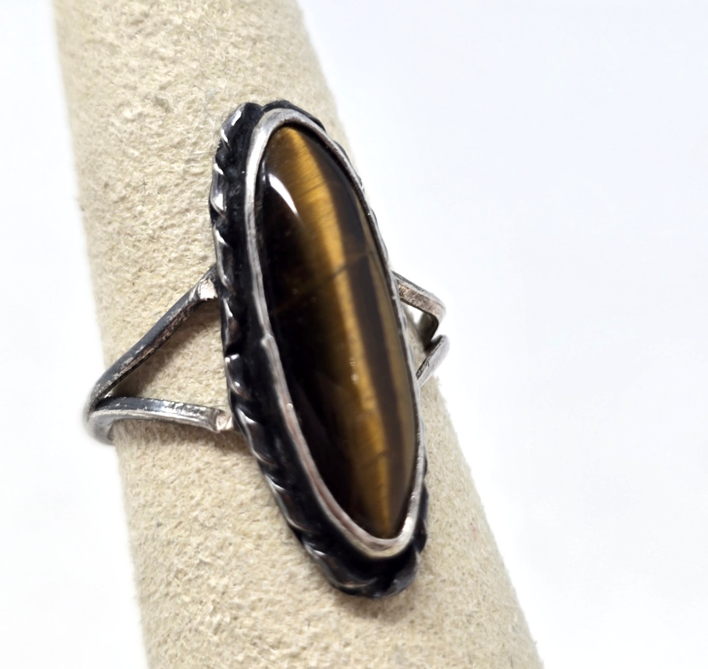 ANTIQUE Marquise Shaped TIGER’S EYE Sterling Silver Women’s RING Size 6.5