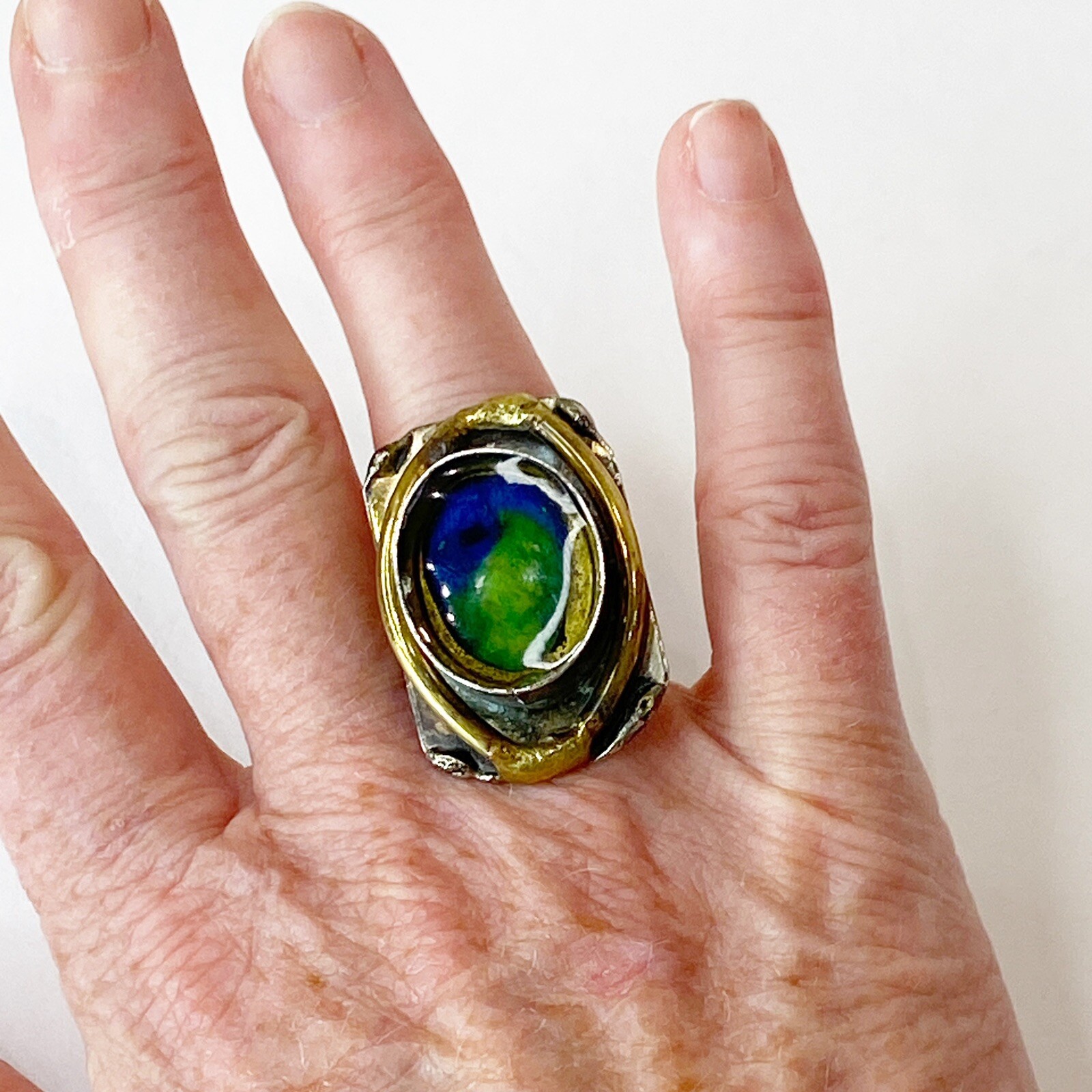 Latappy French Vintage Brutalist Adjustable Statement Ring Resin Mixed Metal HTF