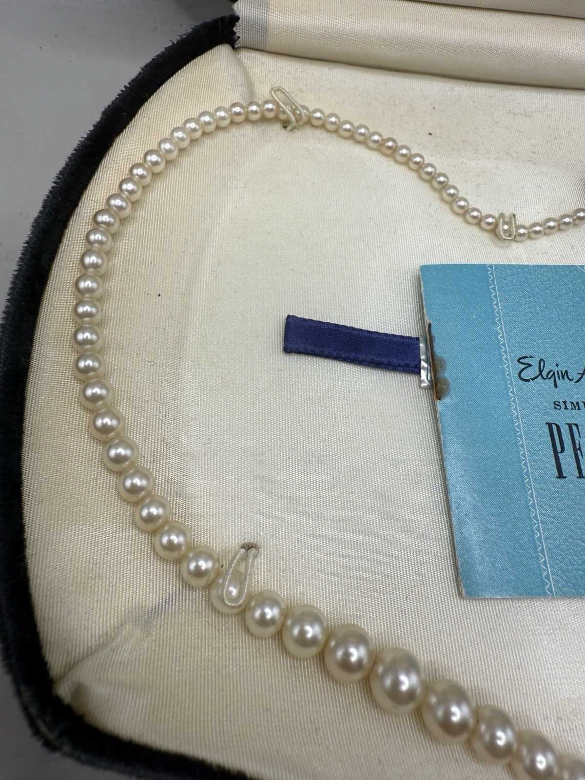 Vintage Elgin Simulated Pearl Necklace 16″ MCM w/Clamshell Box Sterling Clasp