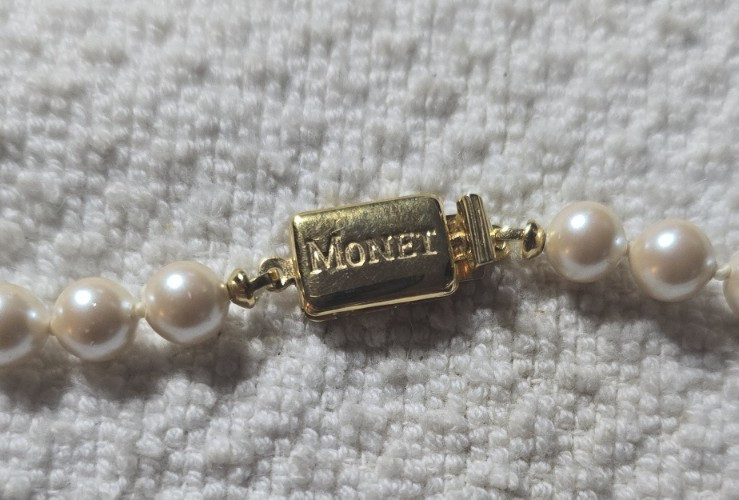 Monet Classic Hand Knotted Faux Pearl 16.5” Necklace Box Clasp Vintage Signed