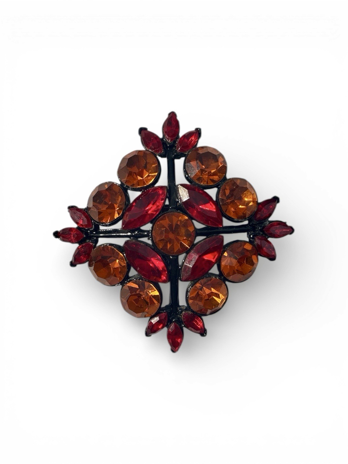 Vintage Signed Edlee Black Enamel Red Orange Rhinestone Brooch Pin