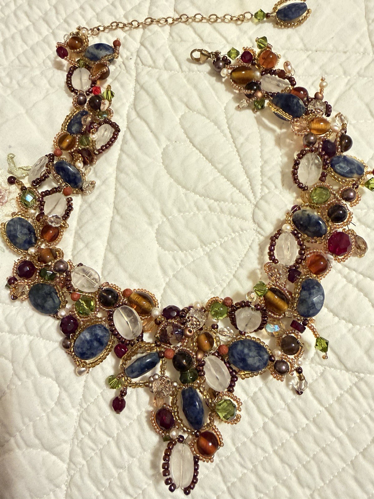 Vintage Unique Smoky Gem Beaded Handmade Choker Bib Statement Jewelry Necklace