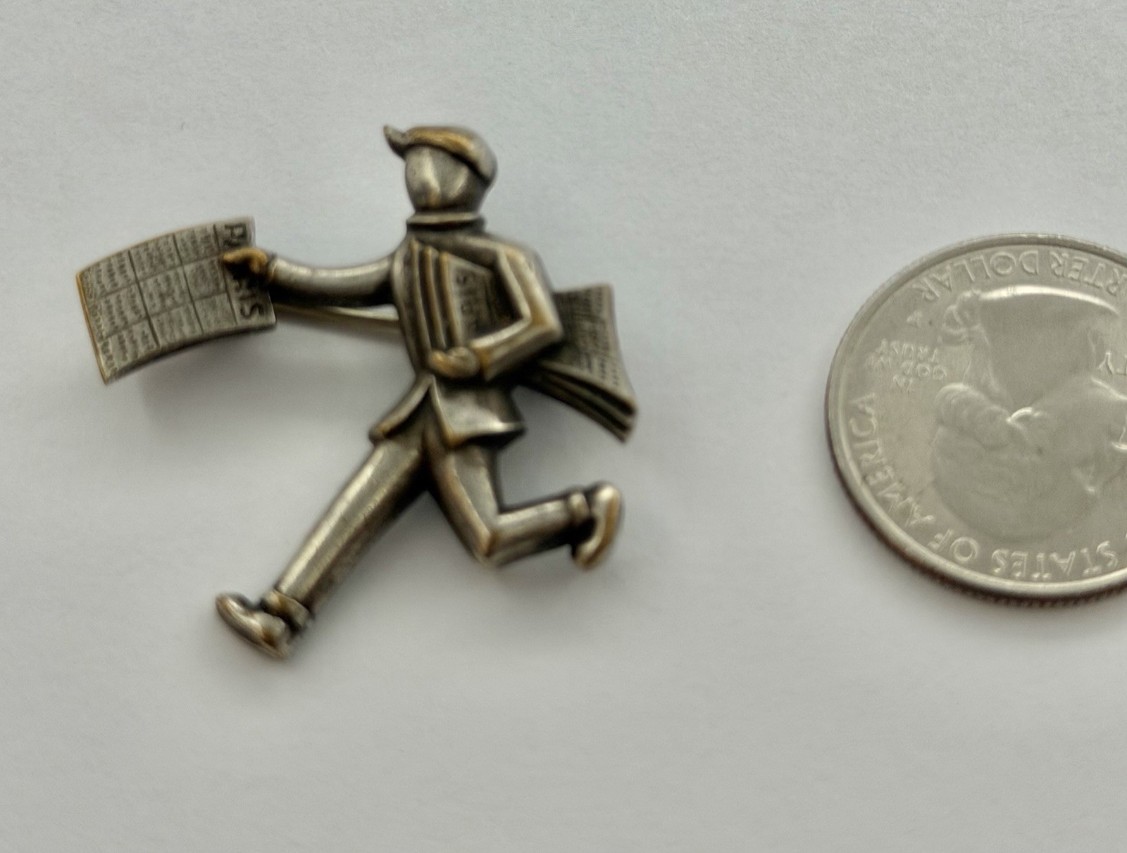 Vintage French Retro Era Silver Newspaper Boy Seller Figure Figural Brooch