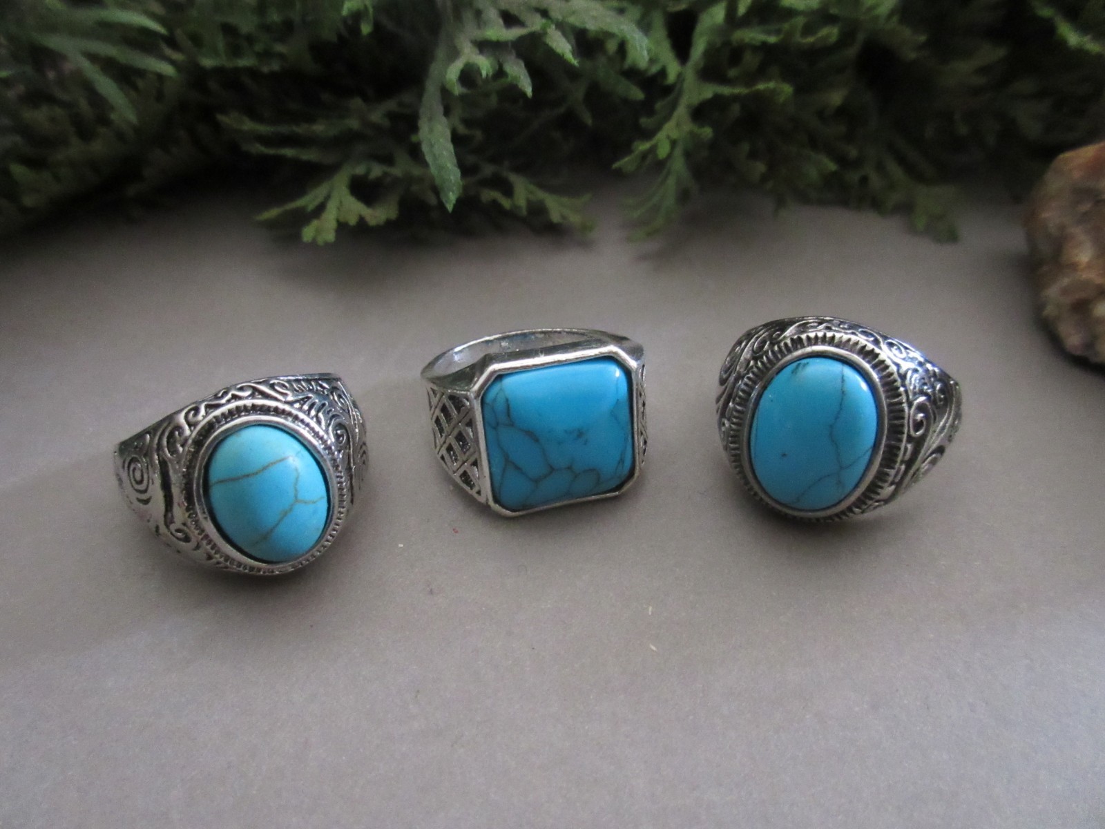 Mens Silver Tone & Turquoise Chunky Fashion Rings Large Assorted Sizes Lot of 3