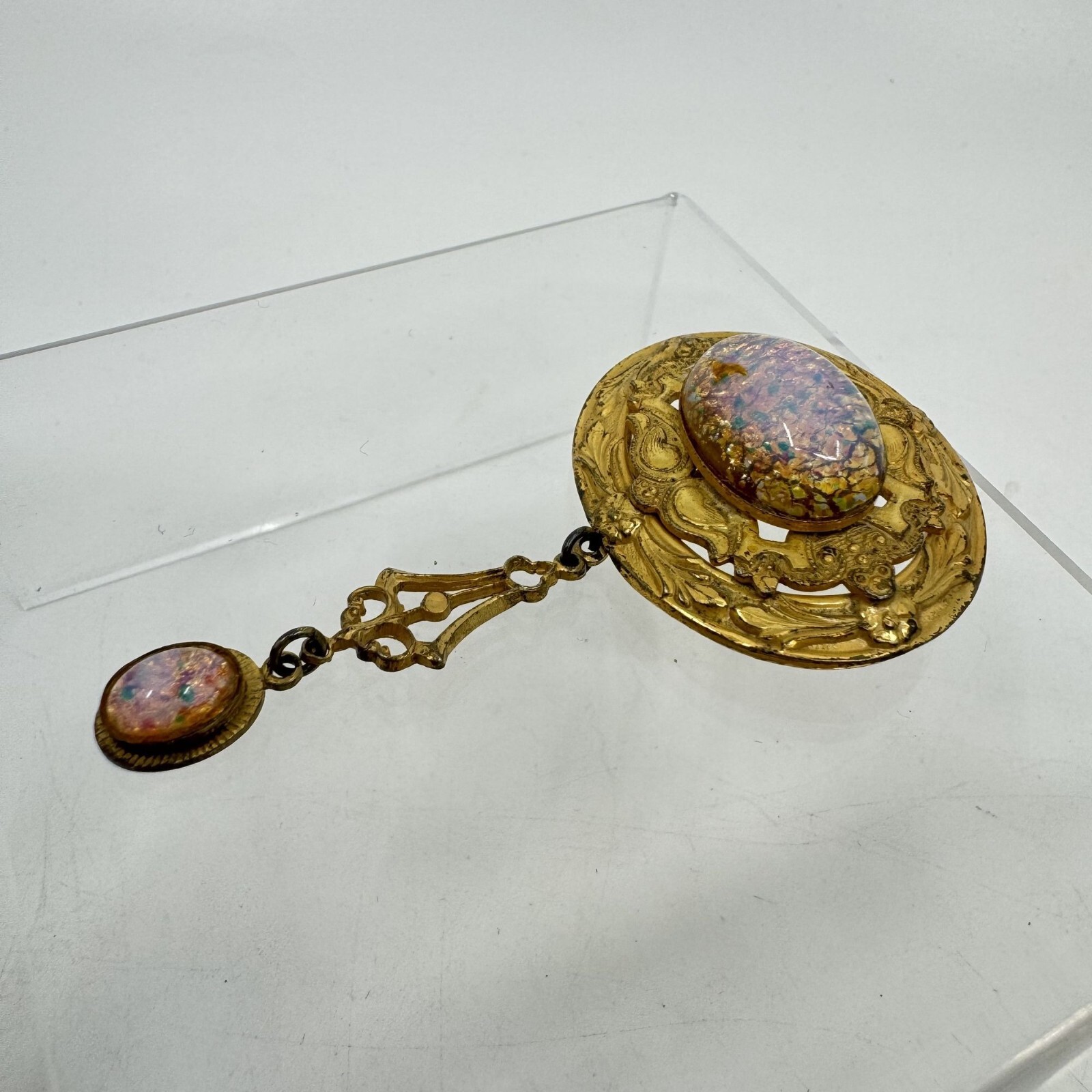 Victorian Revival Czech Foiled Opal Glass Brooch Oval Gold Tone With Dangle 2.5″