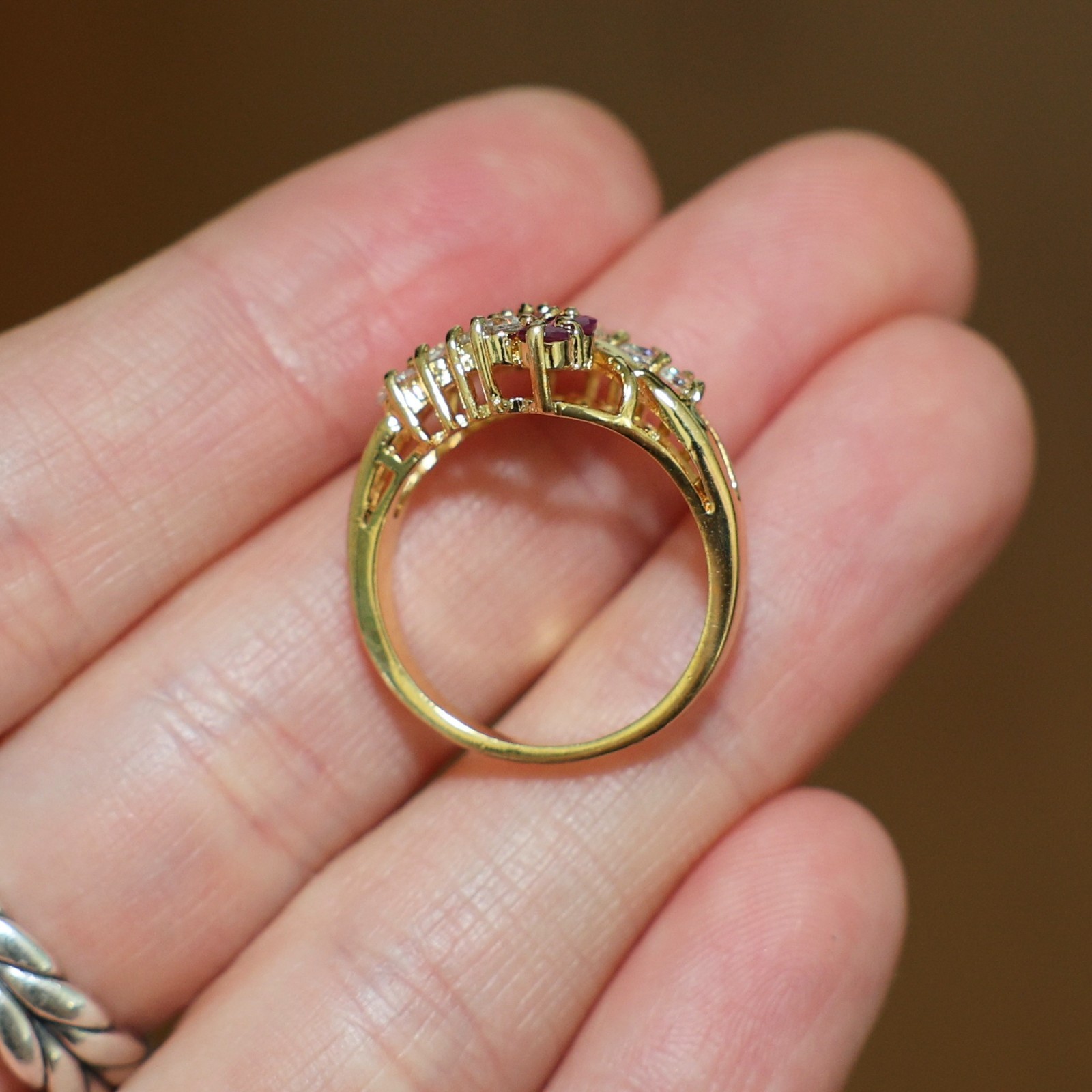 Vintage Gold Plated CZ and Genuine Natural Pink Ruby Cocktail Ring ~ Size 8 🔥