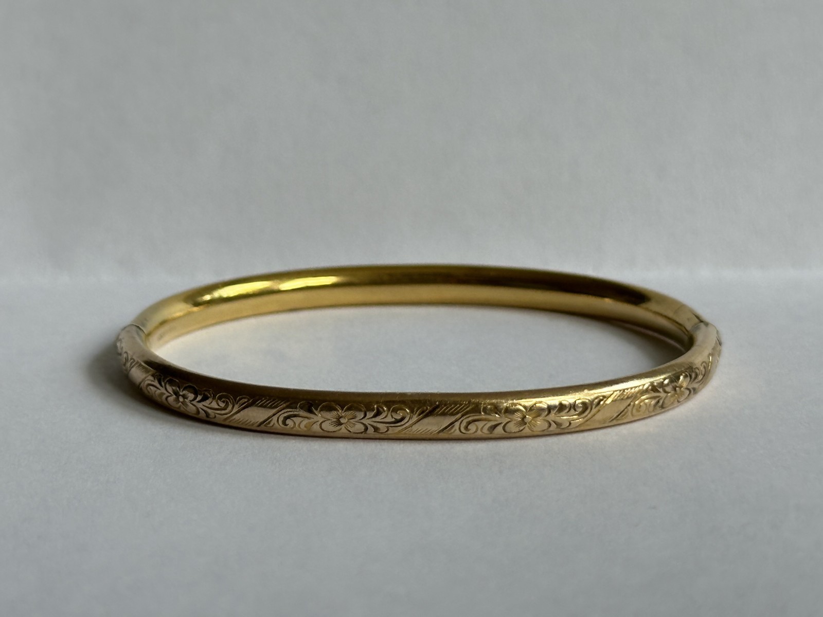 Vintage 10k Gold Filled Baby Bangle with Floral Engravings + Safety Clasp (5.5″)
