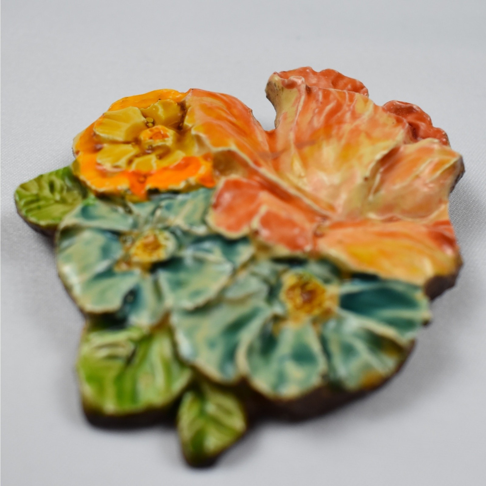 Vintage 1950s West Germany Glossy Floral Brooch Pin Hand Painted Sculpted MCM