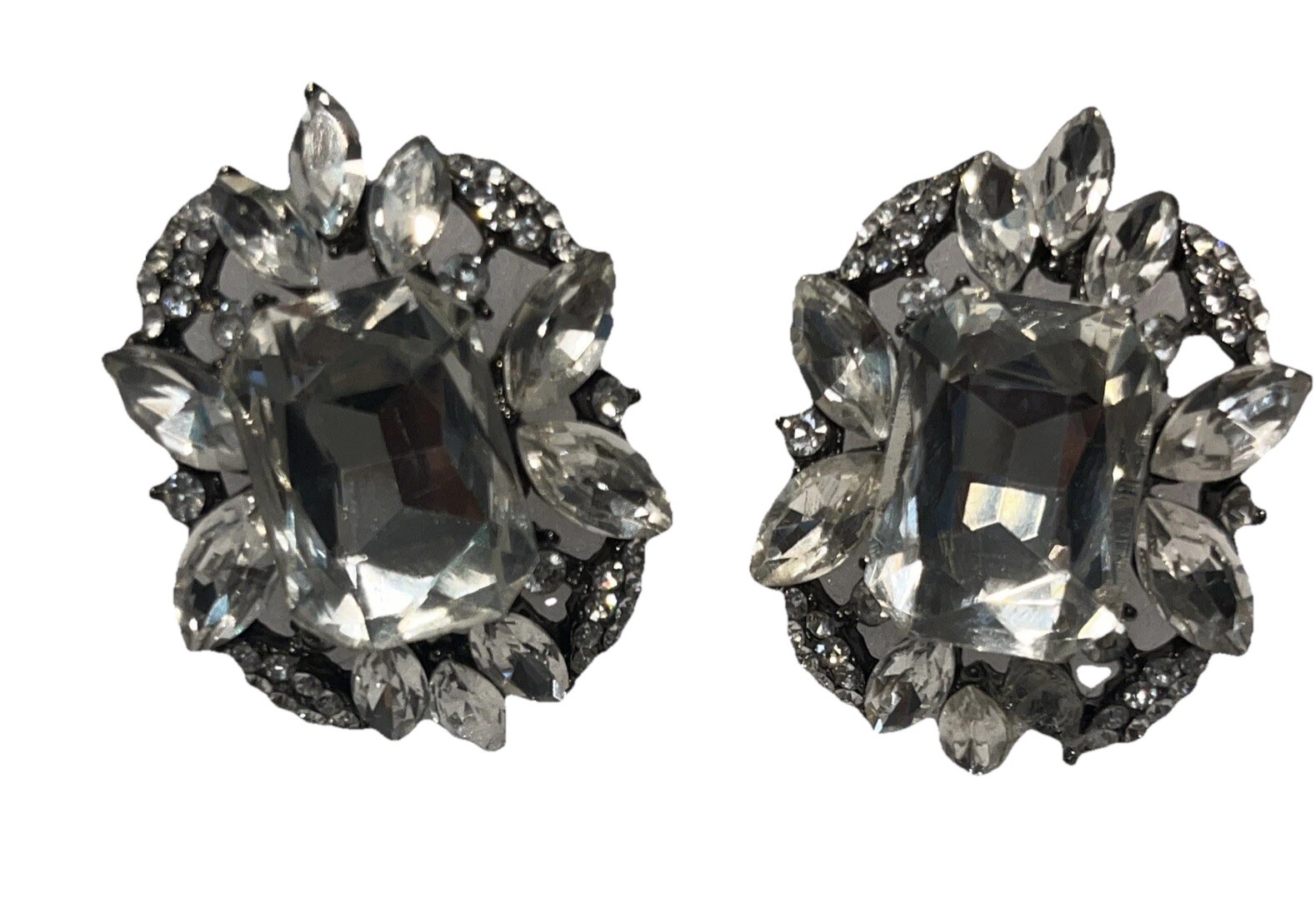 Vintage Huge Clear Rhinestone Cluster Earrings Pierced Silver 1980s Runway Glam