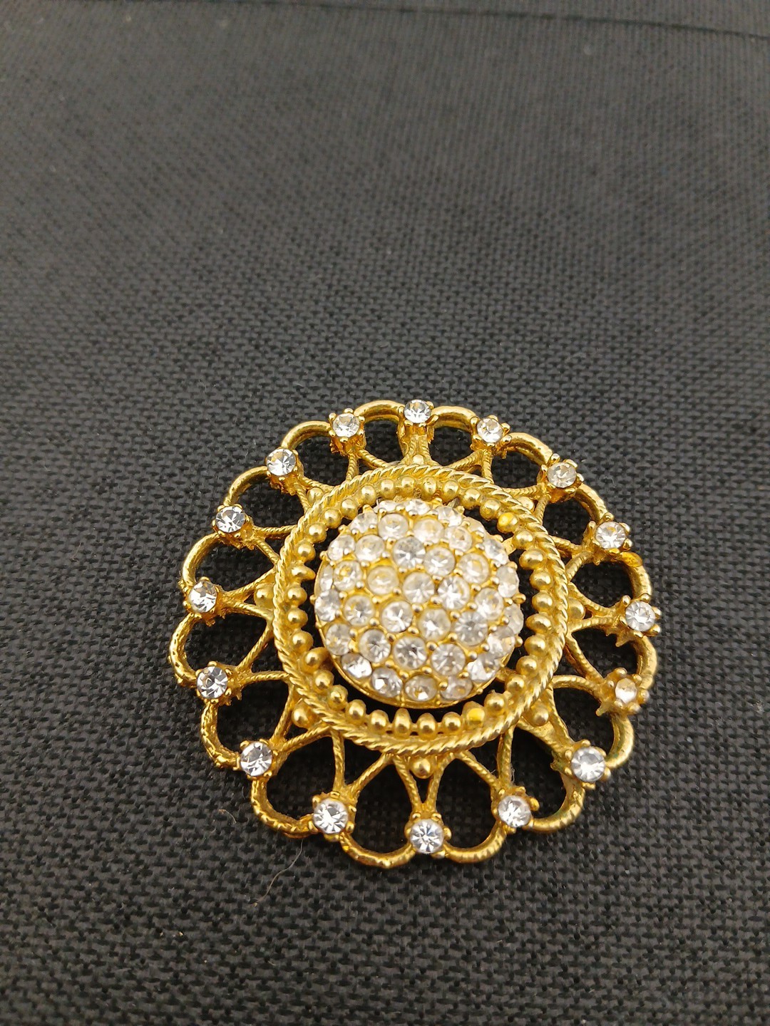 HUGE 1980 gold-tone pave clear crystals open metal work round clip-on earrings