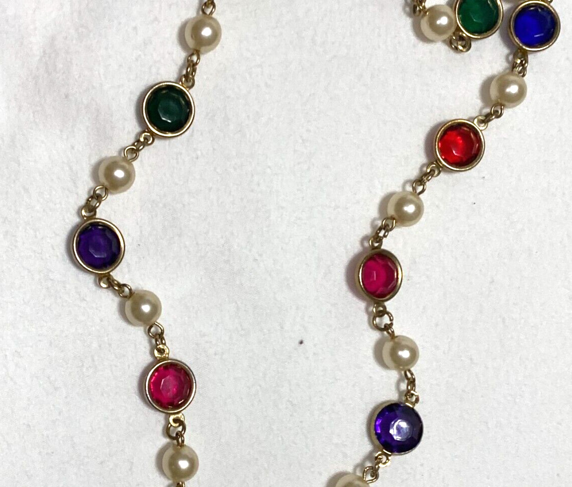VTG 1980S JEWEL TONE GLASS BEAD NECKLACE FACETED PURPLE GREEN RED FAUX PEARL 36″