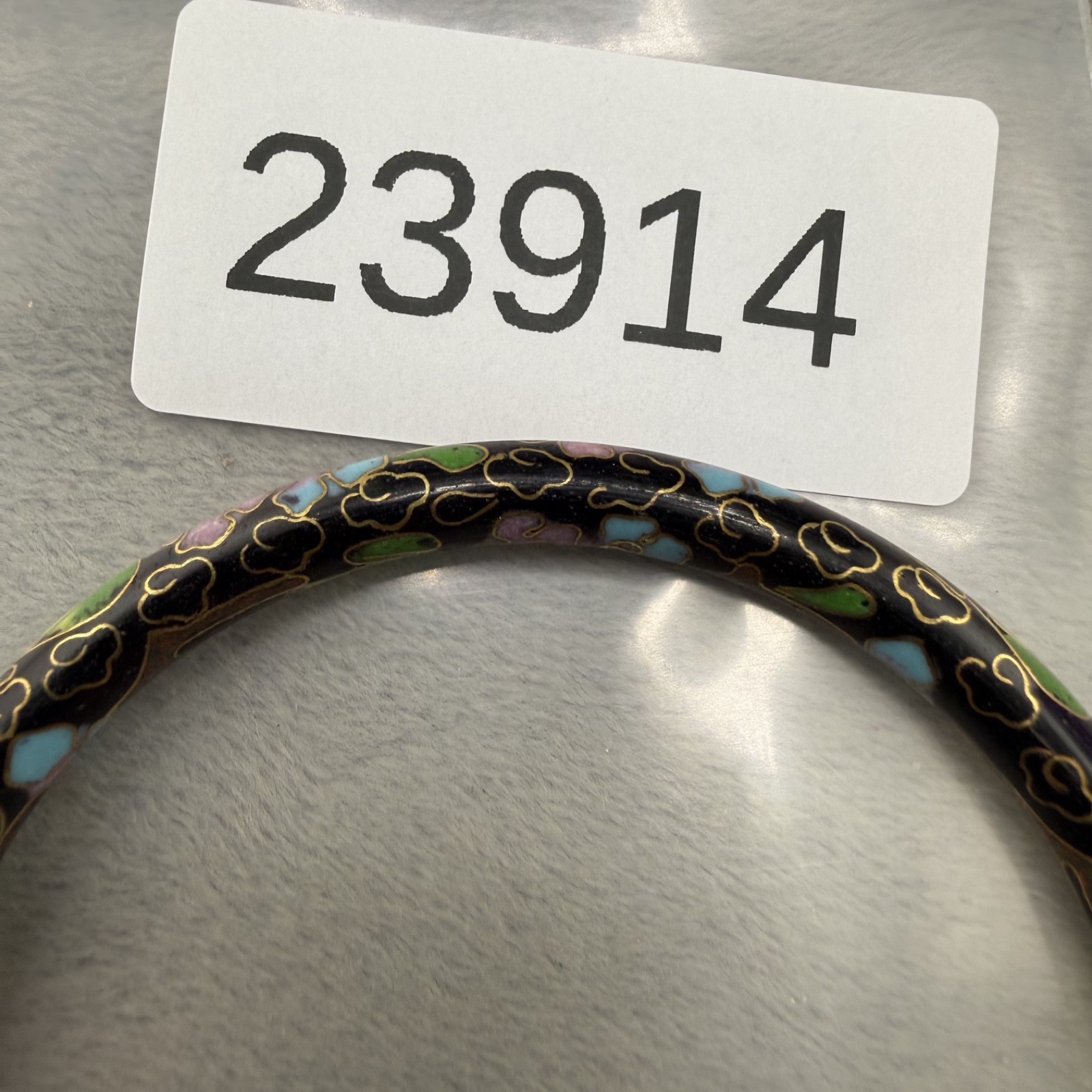 Vintage Cloisonne Bangle Bracelet Gold Tone Black Enamel 8”
