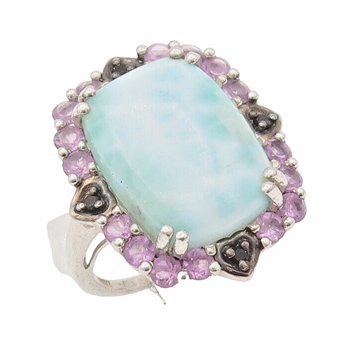 925 Sterling Silver Vintage Ring Larimar Halo Amethyst Sapphire Sz 6 RG27906