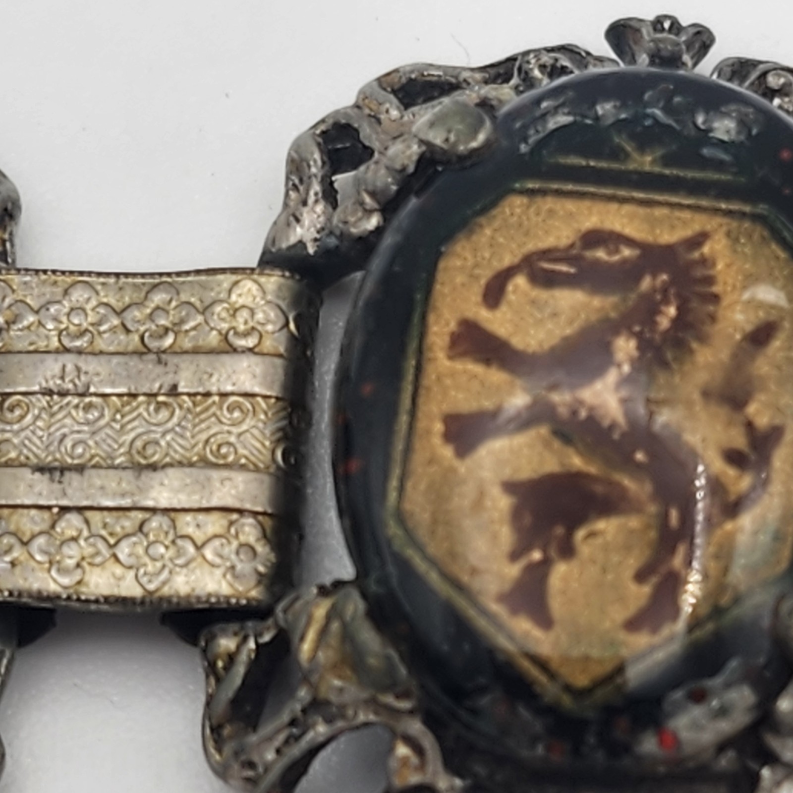VTG Heraldic Medallion Panel Link Bracelet 7.5in Silver Tone Griffin Crest Goth