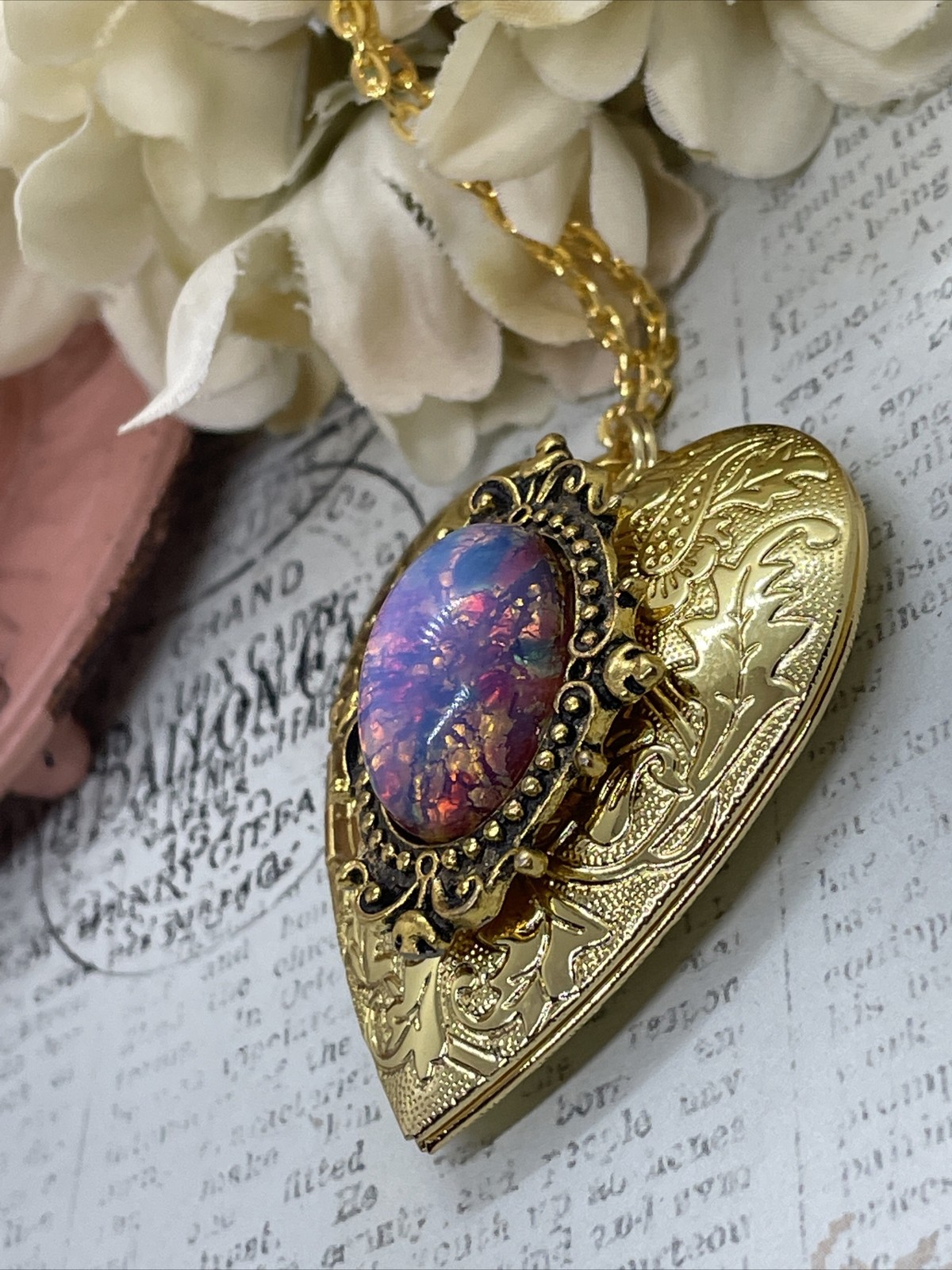 Gold Heart Locket Photo Harlequin Opal New Birthday Anniversary Wedding Necklace