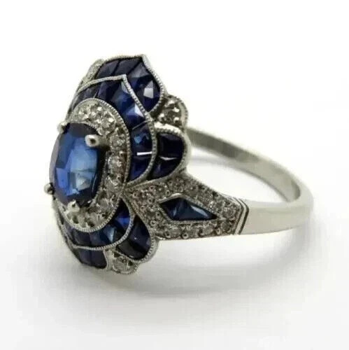 Art Deco Style Oval Cut Sapphire Lab Created Diamond Engagement 925 Silver Ring