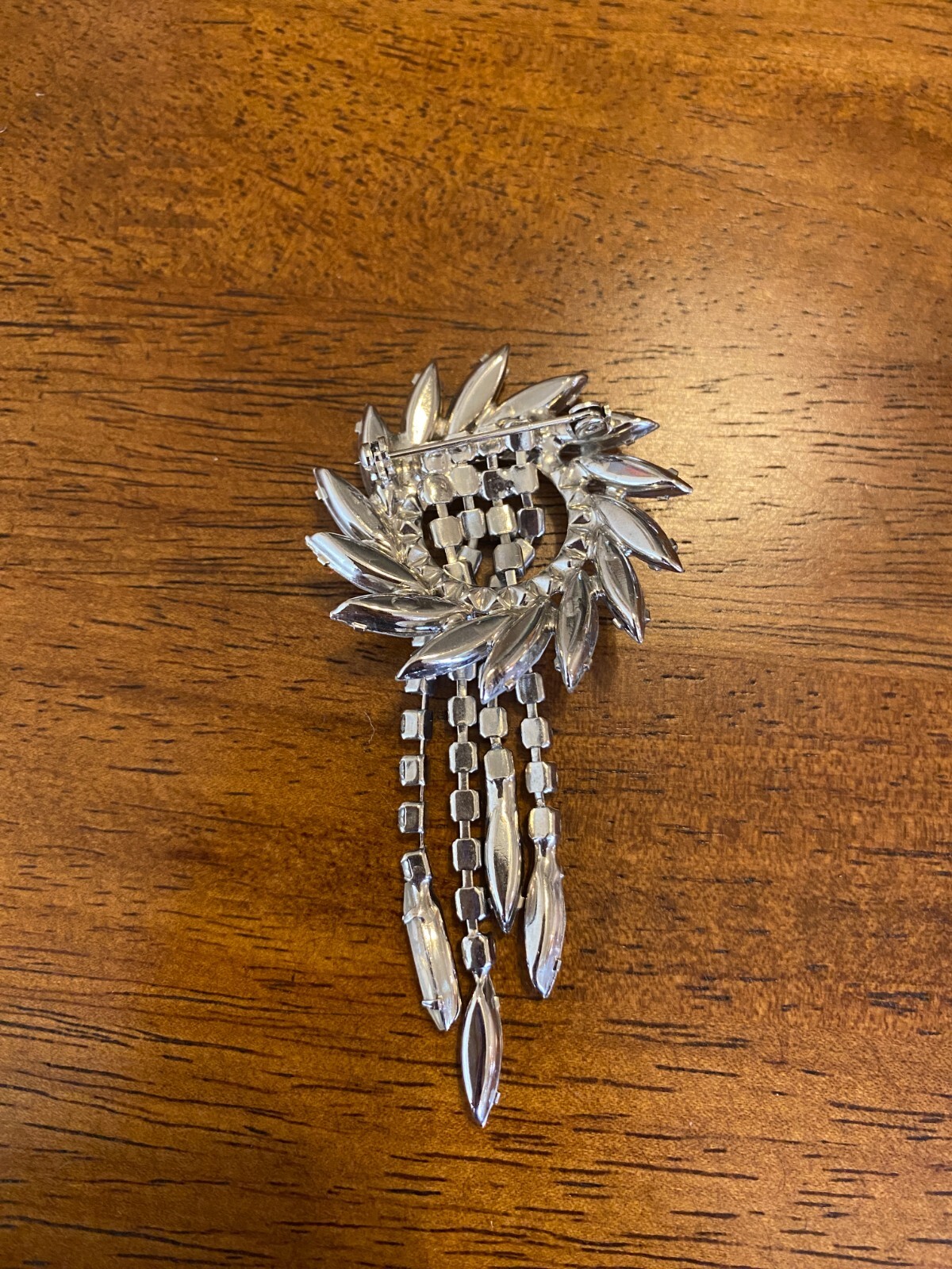 Rhinestone Wreath Brooch With Fringe Dangle Clear Navettes Unsigned