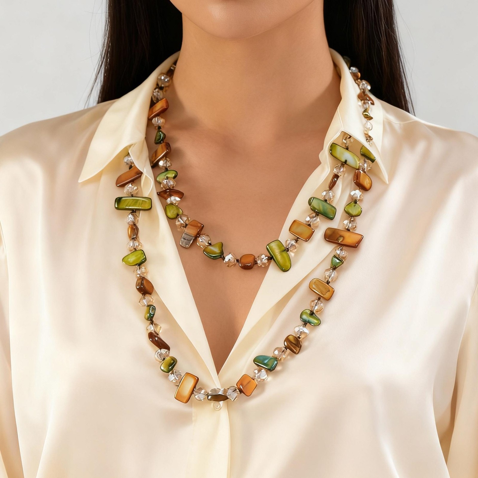 Bohemian Vintage Natural Stone Necklace Handmade Crystal Beads Double Layer