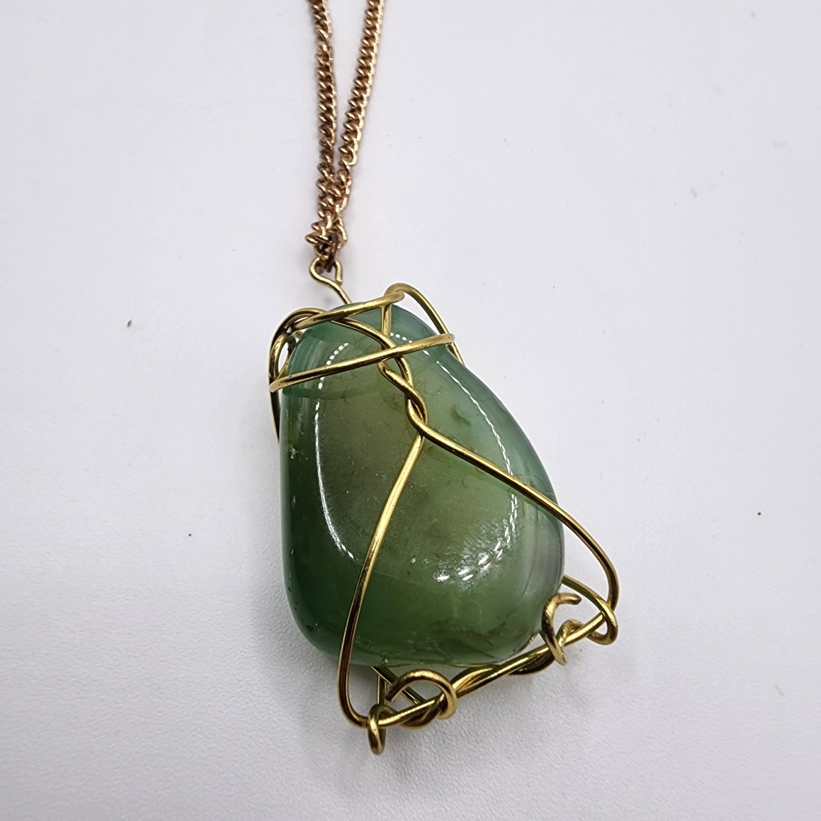 Vintage Artisan Gold Tone Wire Wrapped Jade Pendant Necklace Healing Green Stone