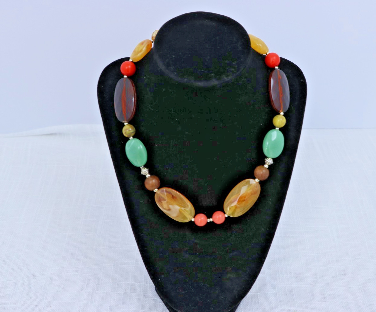 Multicolor Beaded Statement Necklace Chunky Acrylic Resin Boho Earth Tone Adjust
