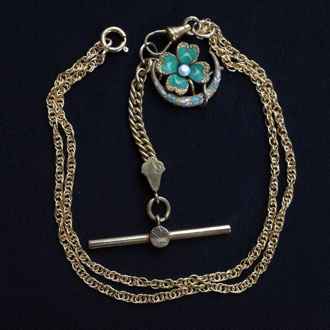 Antique Rolled Gold Enamel Four Leaf Clover & Crescent Pendant Necklace Pearl
