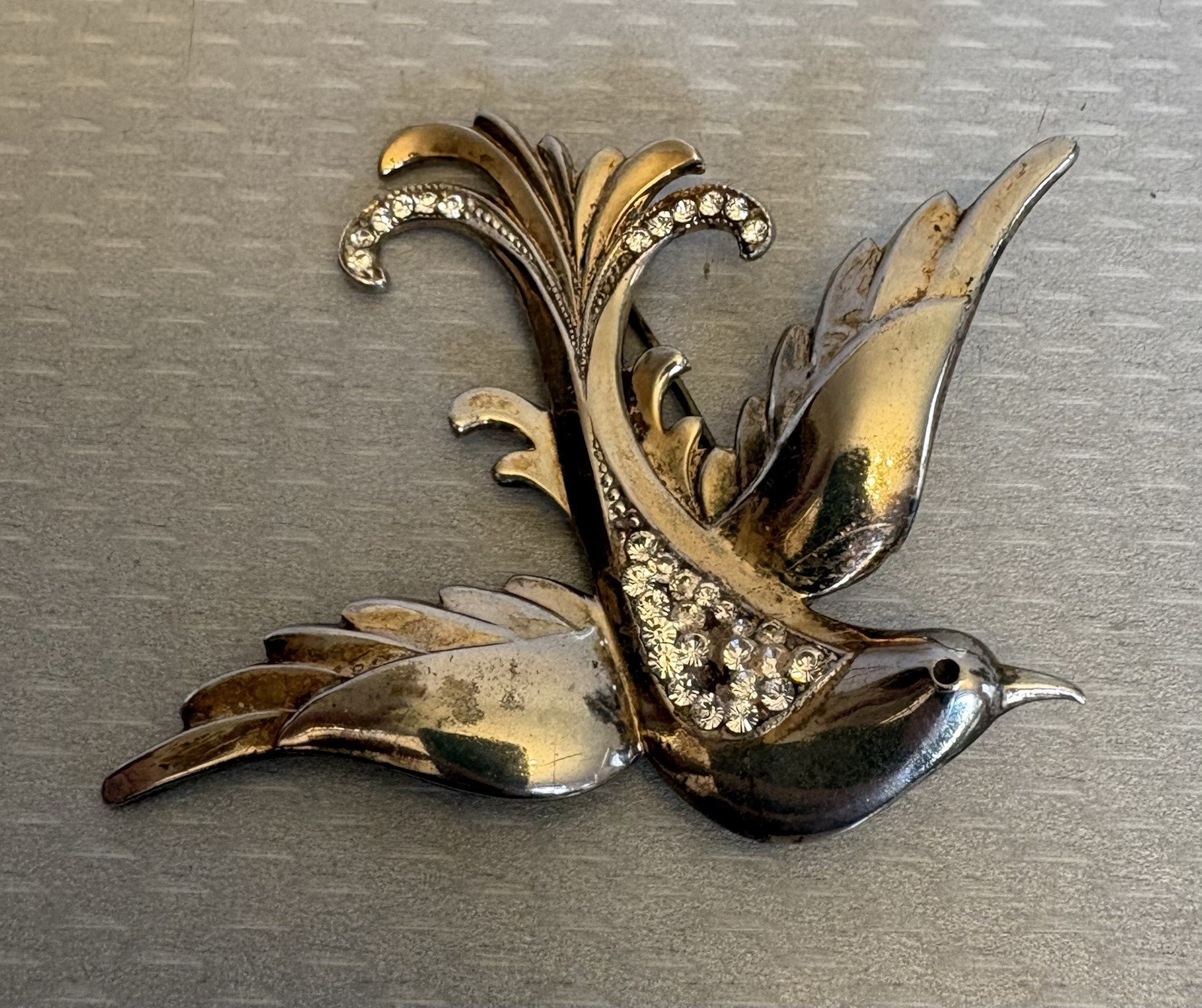 1940s Retro Vintage Sterling Gold Vermeil Rhinestone Bird Brooch 30g READ