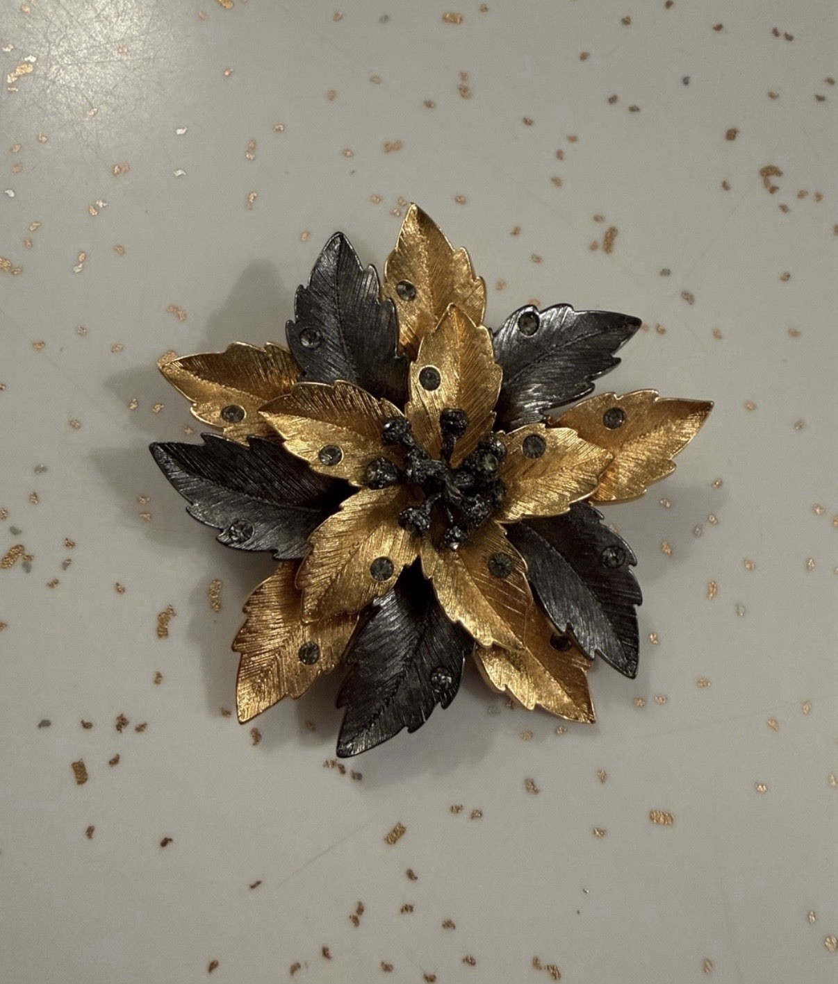 Vintage Joan Rivers Florentine Gold & Black Cactus Flower Brooch Pin