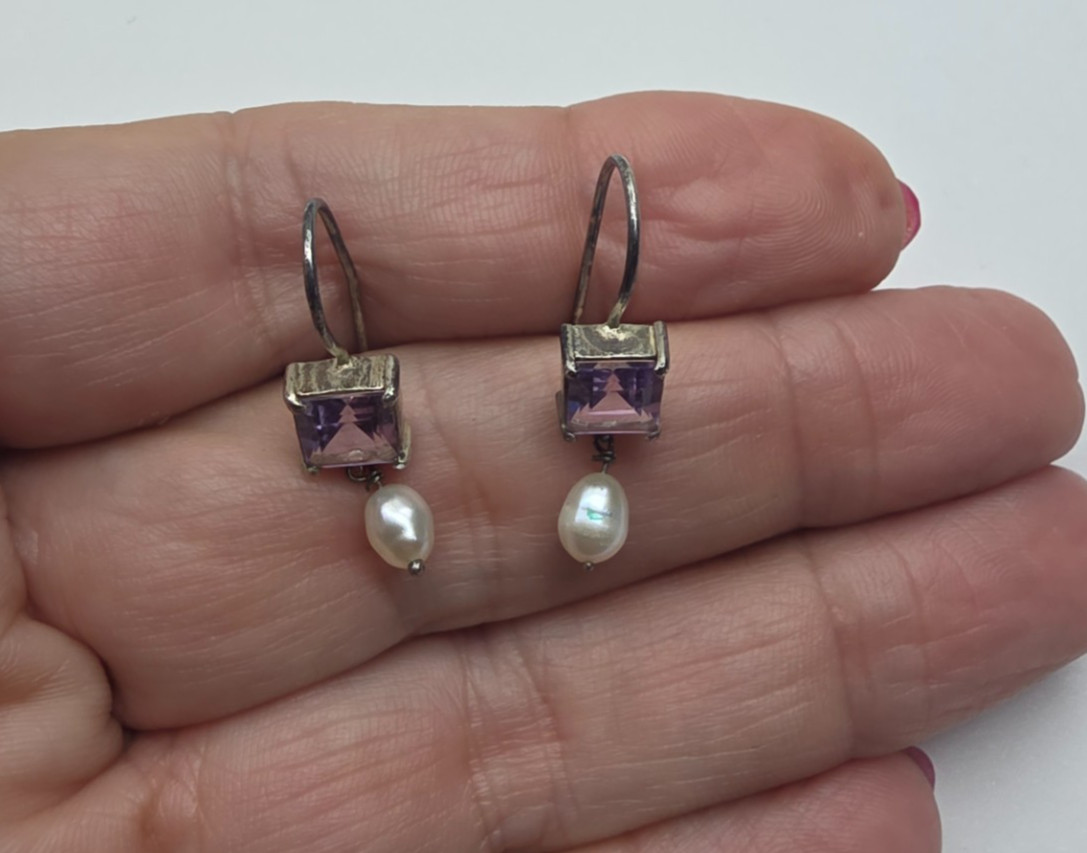 Purple Crystal Freshwater Pearl Sterling Silver Dangle Pierced Earrings Vintage