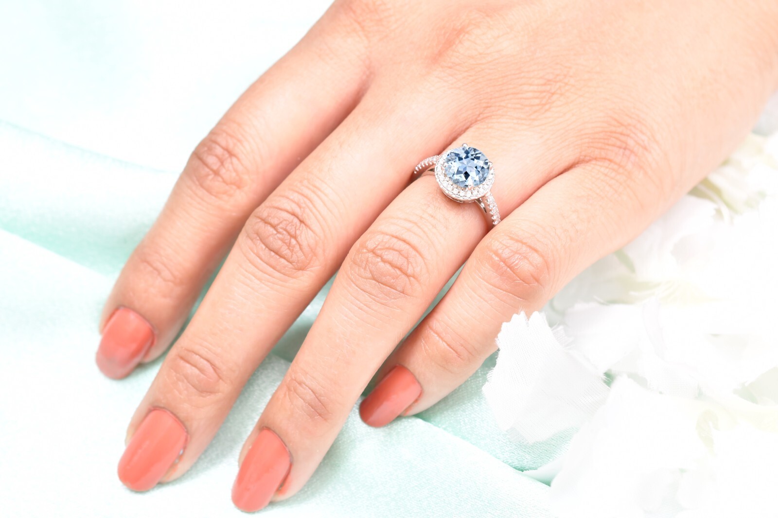 Round Cut Aquamarine Wedding Ring Anniversary Gift For Her Couple Ring Halo Ring