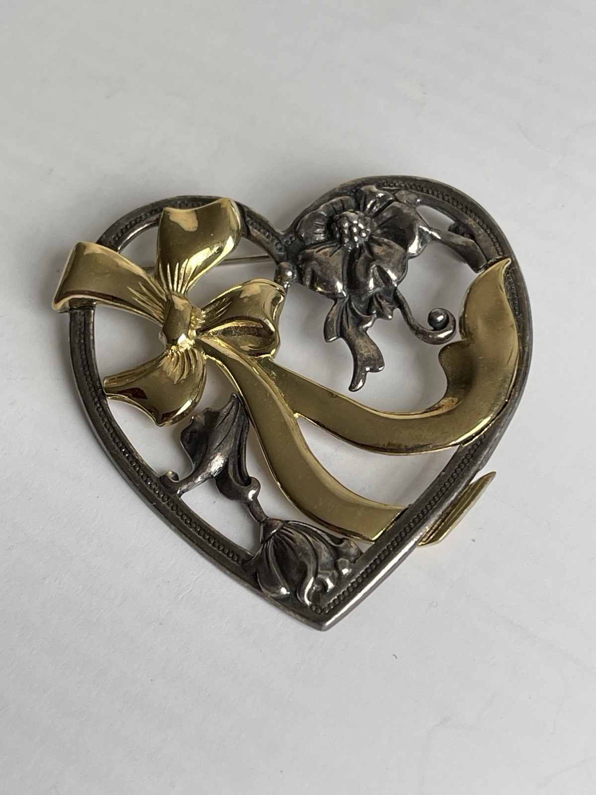 Vintage Sterling Silver&Gold Vermeil Heart 925 Brooch