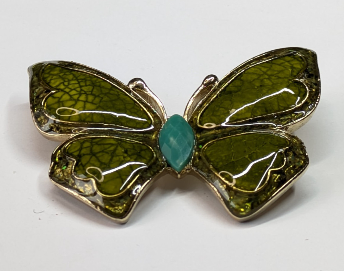 VTG Liz Claiborne Green Enamel Blue Rhinestone Butterfly Statement Brooch Pin